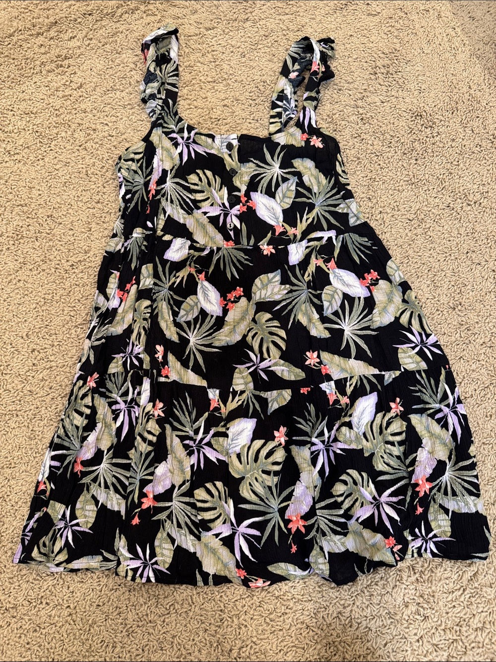 Forever 21 Black Tropical-Print Sundress with Green & Pink Accents
